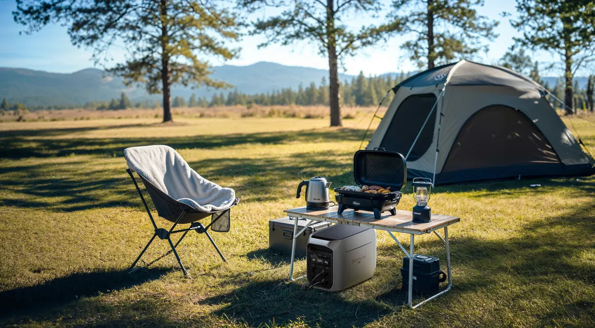 EcoFlow Delta 3 Max Plus op de camping, zodat je ongeveer 2 dagen vrij kunt kamperen.
