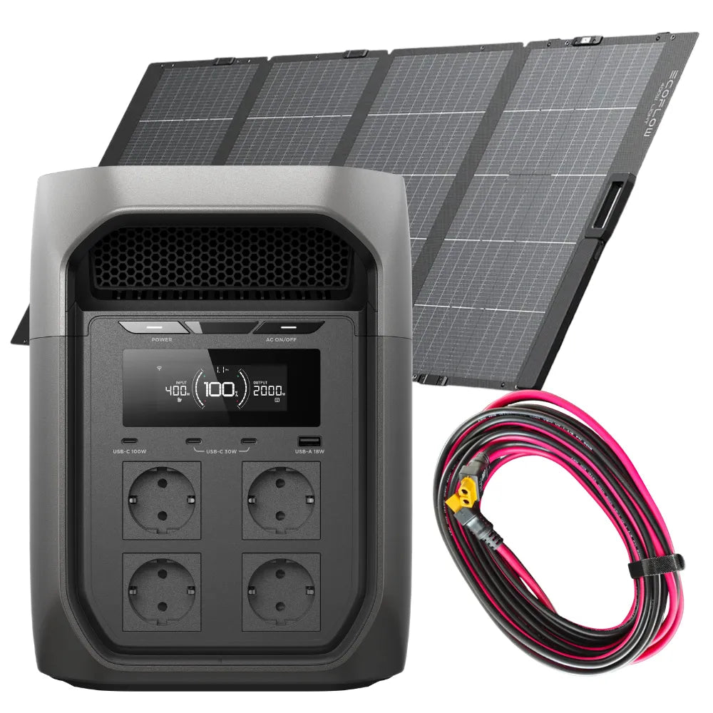 Ecoflow Delta 3 Max + 400W NextGen paneel en 6 meter verlengkabel. Altijd voorbereid op stroomuitval. Off-grid noodstroom met 400W zonnepaneel, gratis 6 m verlengkabel.