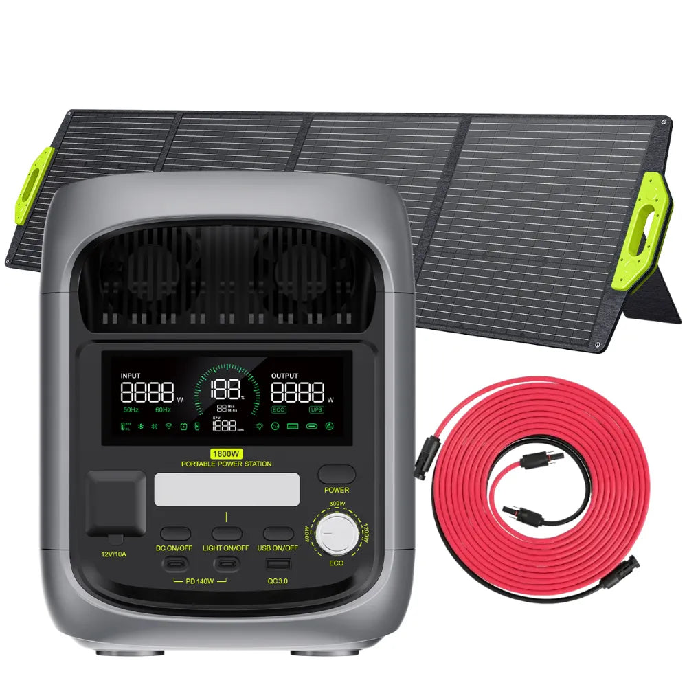 Fossibot F1800met 200w zonnepaneel en 10meter verlengkabel