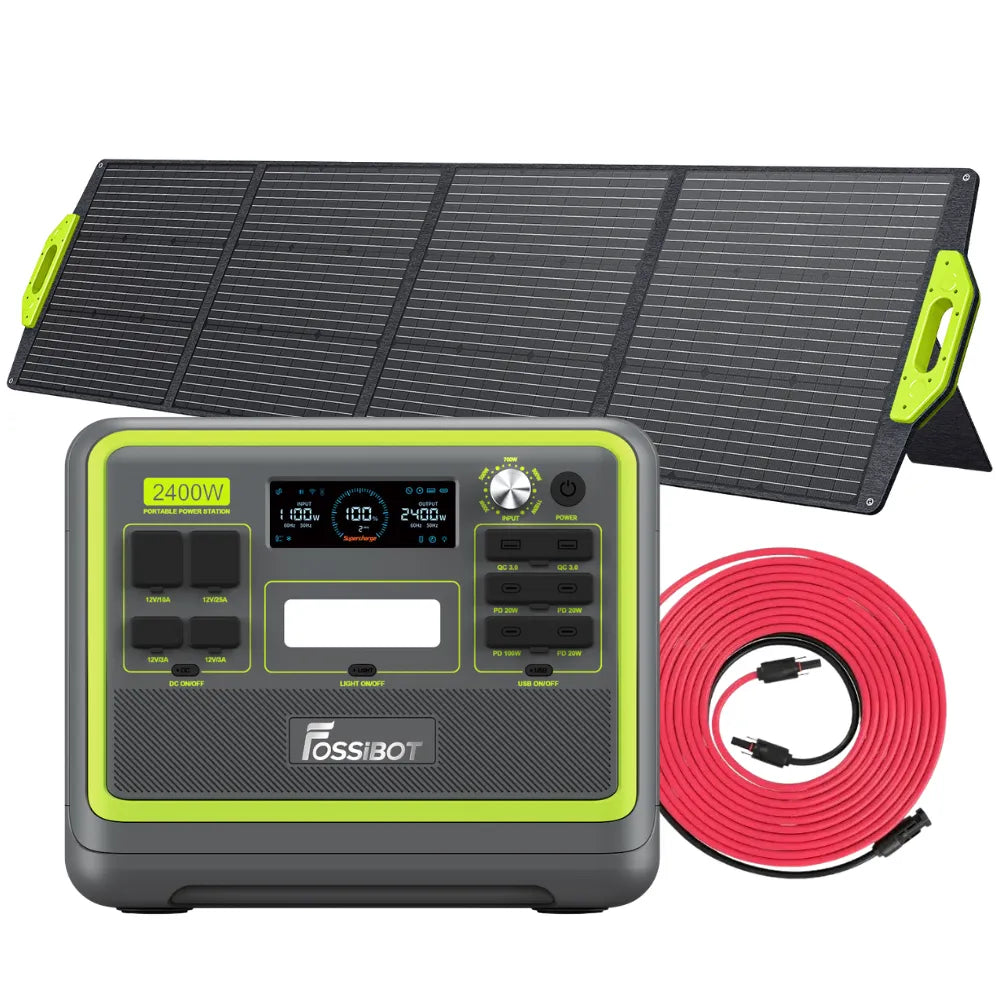 Fossibot F2400 met 200W zonnepaneel en 10 meter verlengkabel