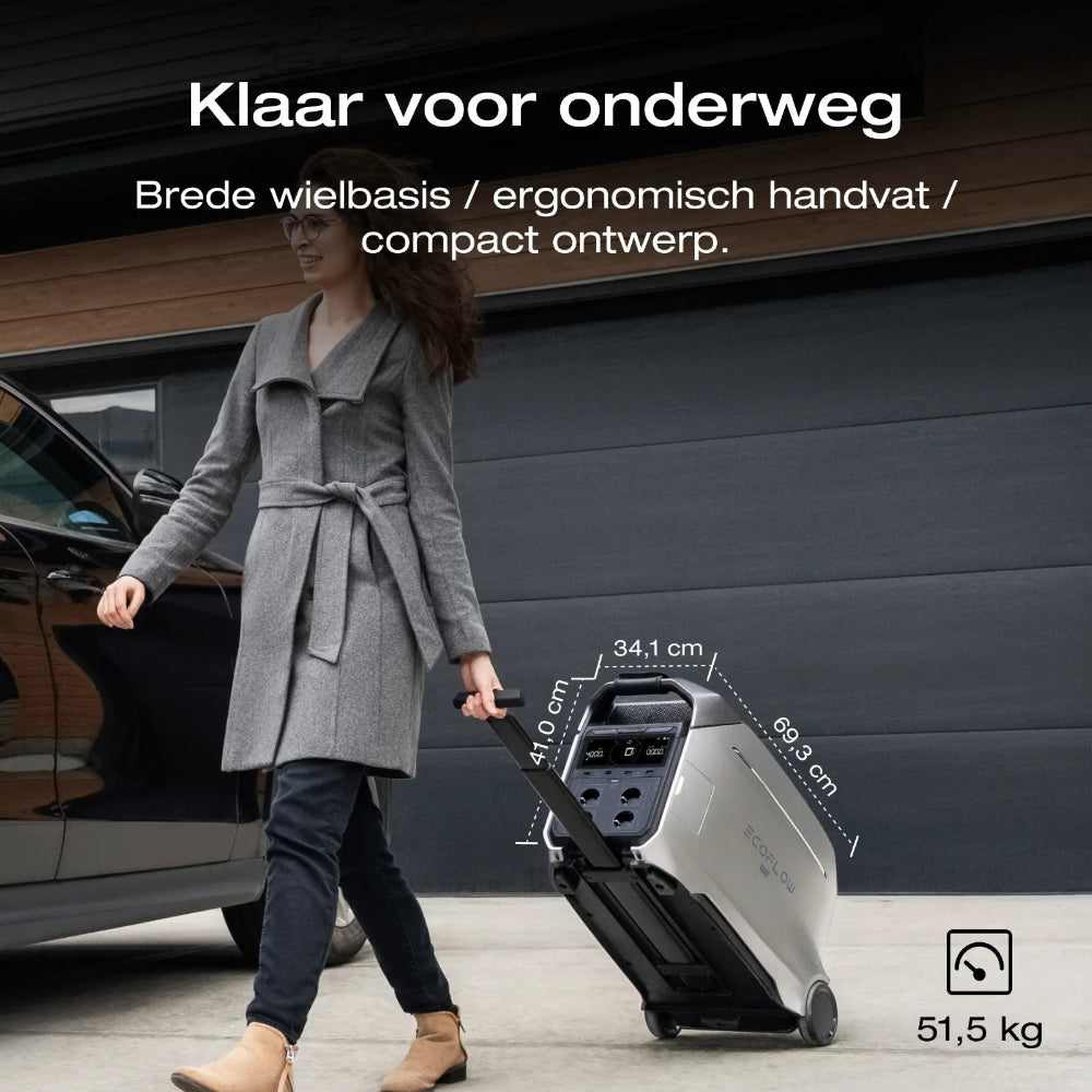 Ecoflow delta pro 3 met wielen om handig mee te nemen