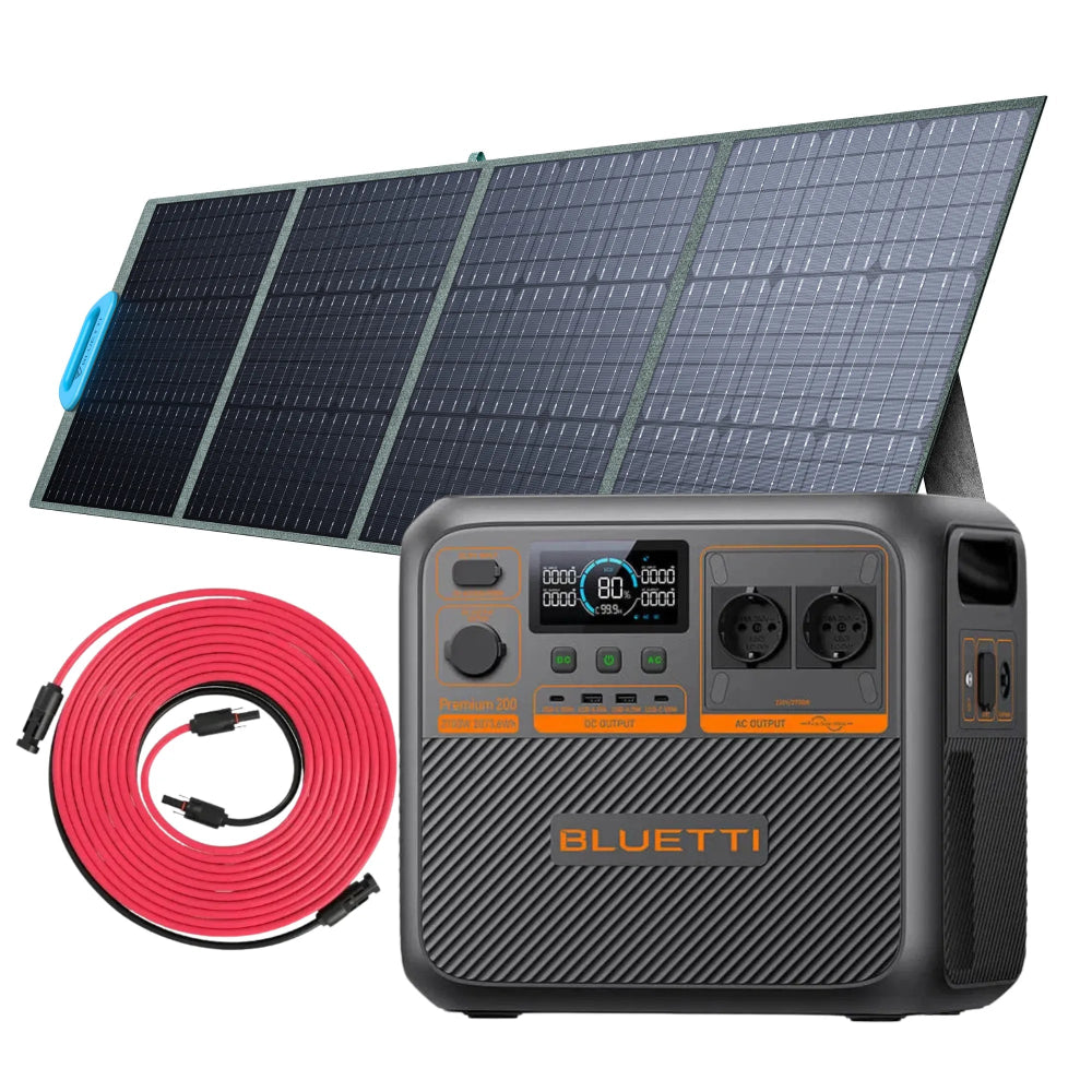 Bluetti Premium 200 V2 met 200W zonnepaneel en solar verlengkabel