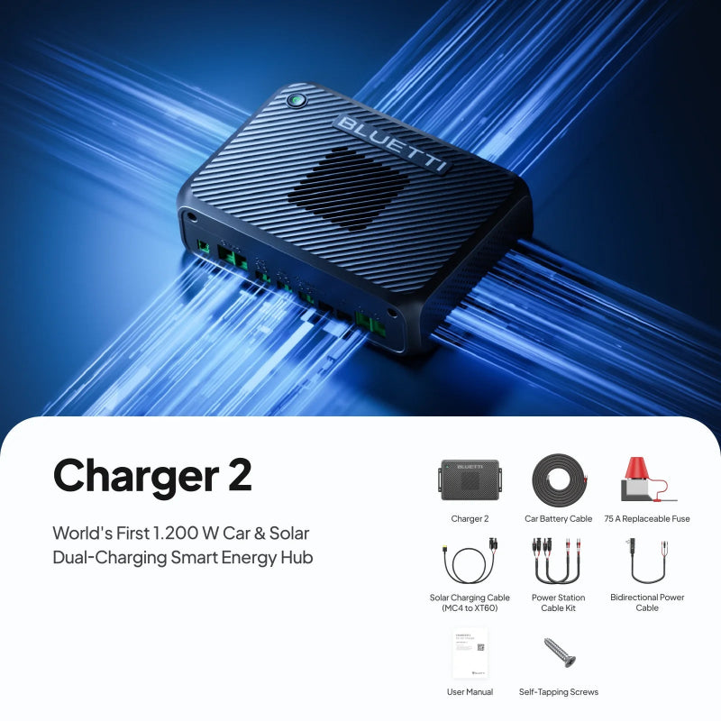 Bluetti charger 2 voor het opladen tijdens het rijden en via een vast zonnepaneel.
