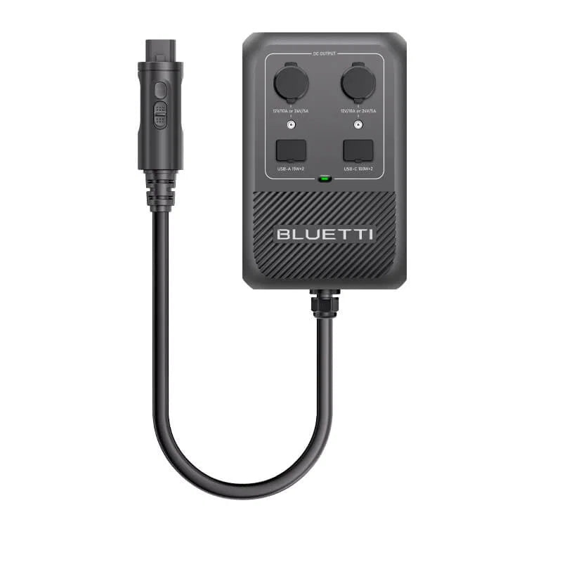Bluetti Hub D1 voor aansluiting op de APEX 300. Met de Bluetti HUB D1 voeg je 12V en 24V uitgangen toe aan de APEX 300. Ideaal voor de DC circuit om al je 12V of 24 V apparaten in de camper, caravan of tuinhuis mee te voeden.