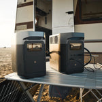 EcoFlow Delta 2 gekoppeld aan extra Delta 2 accu gekoppeld aan een zonnepaneel