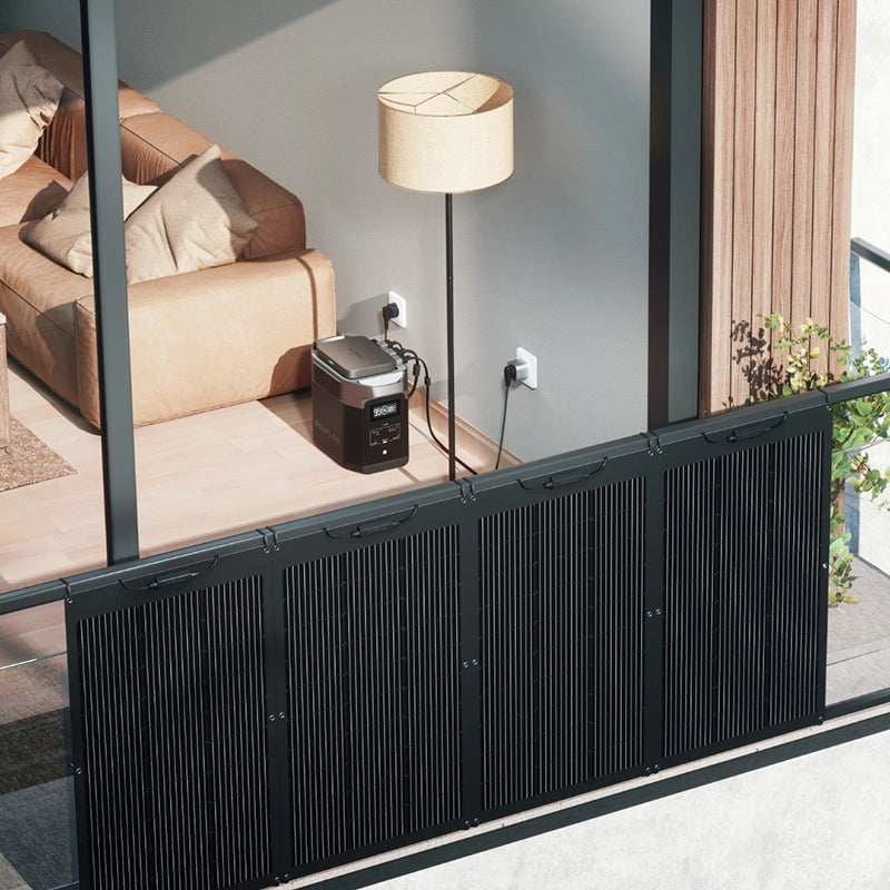 EcoFlow powerstream 800watt micro omvormer gekoppeld aan balkon zonnepaneel en Ecoflow powerstation binnenshuis