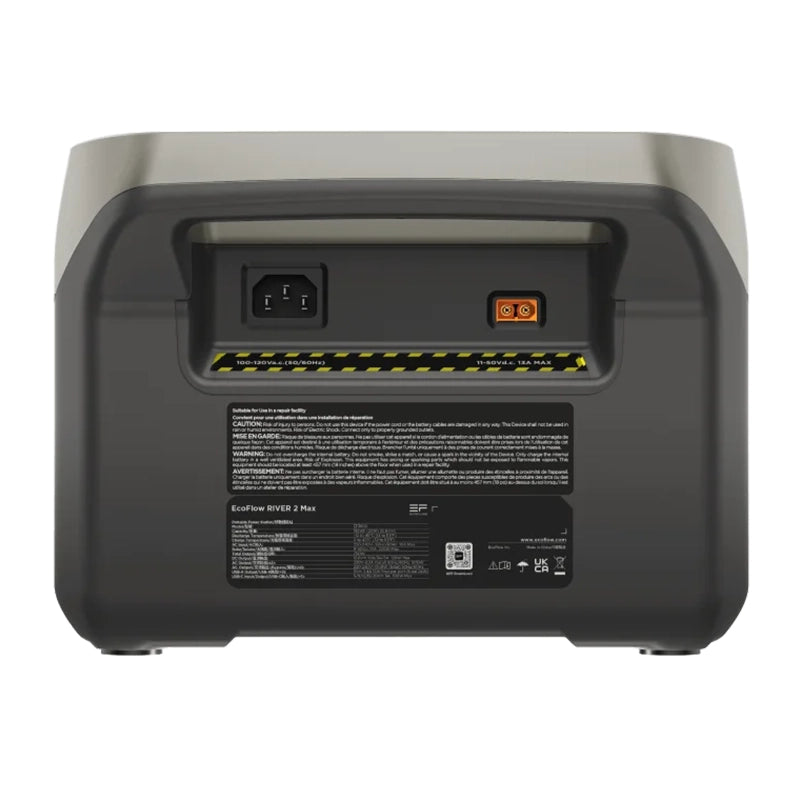 EcoFlow river 2 max powerstation achterkant met ac aansluiting en zonnepaneel aansluiting