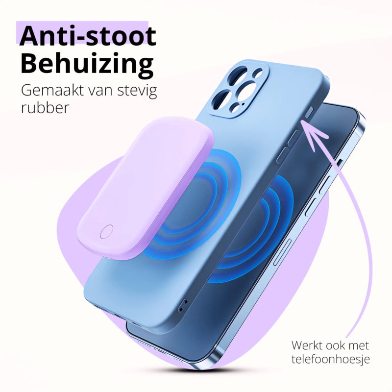 De Merka magsafe powerbank 10000 is voorzien van een rubberen sleeve en kan tegen een stootje