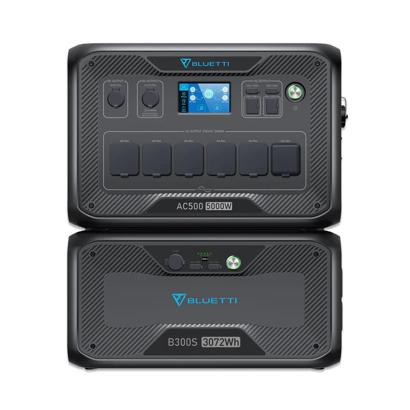 Bluetti AC500 plus B300s op elkaar met voorzijde zichtbaar
