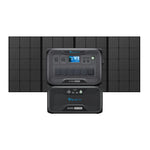 Bluetti AC500 plus B300S accu gestapeld met erachter een draagbaar zonnepaneel