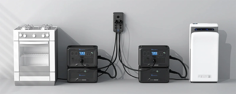 Bluetti AC500 powerstation aan elkaar gekoppeld met extra accu als thuisbatterij