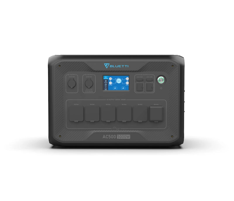 Bluetti AC500 powerstation voorzijde met alle in en uitgangen