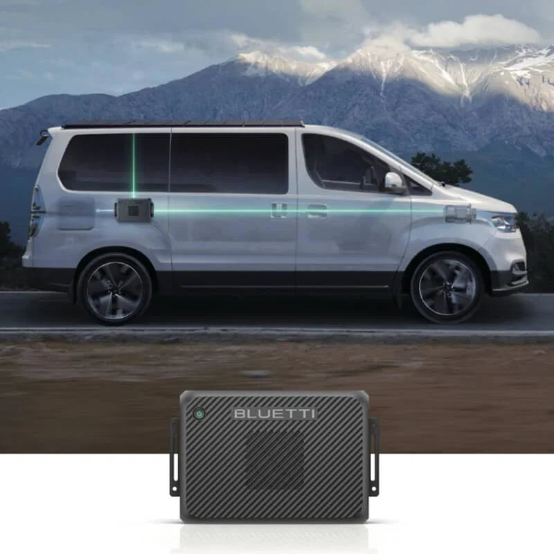 Bluetti charger 2 voor het opladen tijdens het rijden en via een vast zonnepaneel.