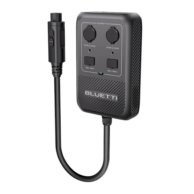 Bluetti Hub D1 voor aansluiting op de APEX 300. Met de Bluetti HUB D1 voeg je 12V en 24V uitgangen toe aan de APEX 300. Ideaal voor de DC circuit om al je 12V of 24 V apparaten in de camper, caravan of tuinhuis mee te voeden.