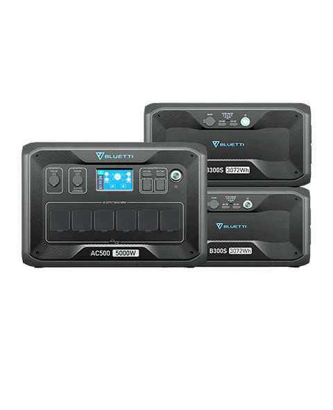 Bluetti AC500 met daarnaast twee Bluetti B300s accus