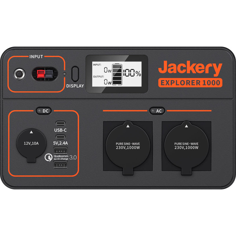 Jackery Explorer 1000 powerstation aansluitingen en display overzicht