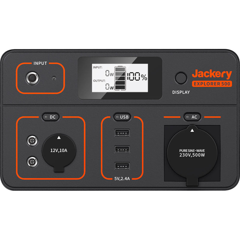 Jackery Explorer 500 powerstation aansluitingen en display