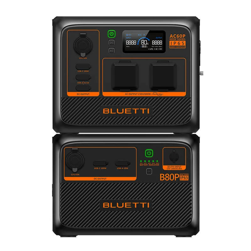 Bluetti AC60P powerstation gekoppeld aan de B80P extra batterij